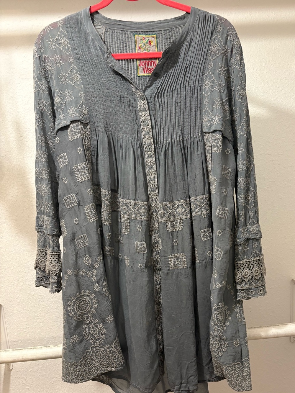 Johnny Was Slate Blue Embroidered Long-Sleeve Tunic Dress